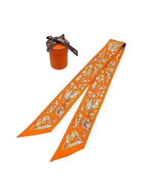 Hermes Twilly Right Bank And Left Scarf Silk Orange Multicolor
